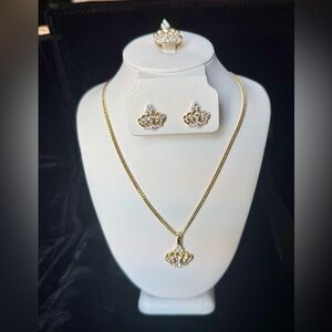 Gold Crown Pendant Necklace and Stud Earring Set - Classic Women’s Jewelry